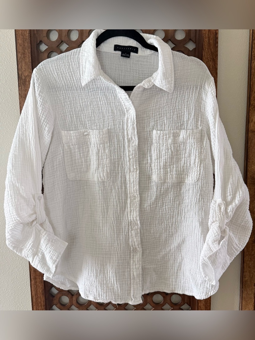 Sanctuary White Gauze Button Down Shirt Size L Lightweight Cotton Blouse